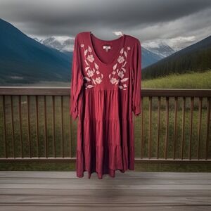 Cupio Women's Dress Red Floral Midi Zise Large 3/4 Sleeve